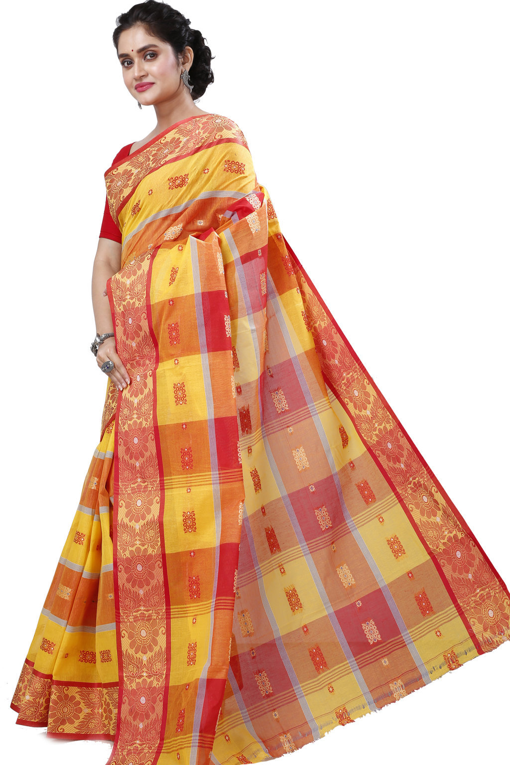 Yellow Red Pure Cotton RajSahi Tant Saree (956)